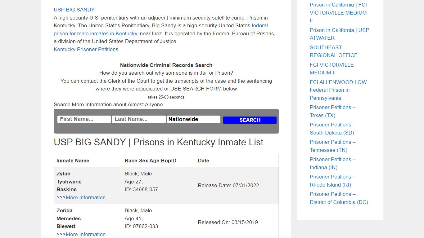 USP BIG SANDY | Prison in Kentucky – Inmate Releases